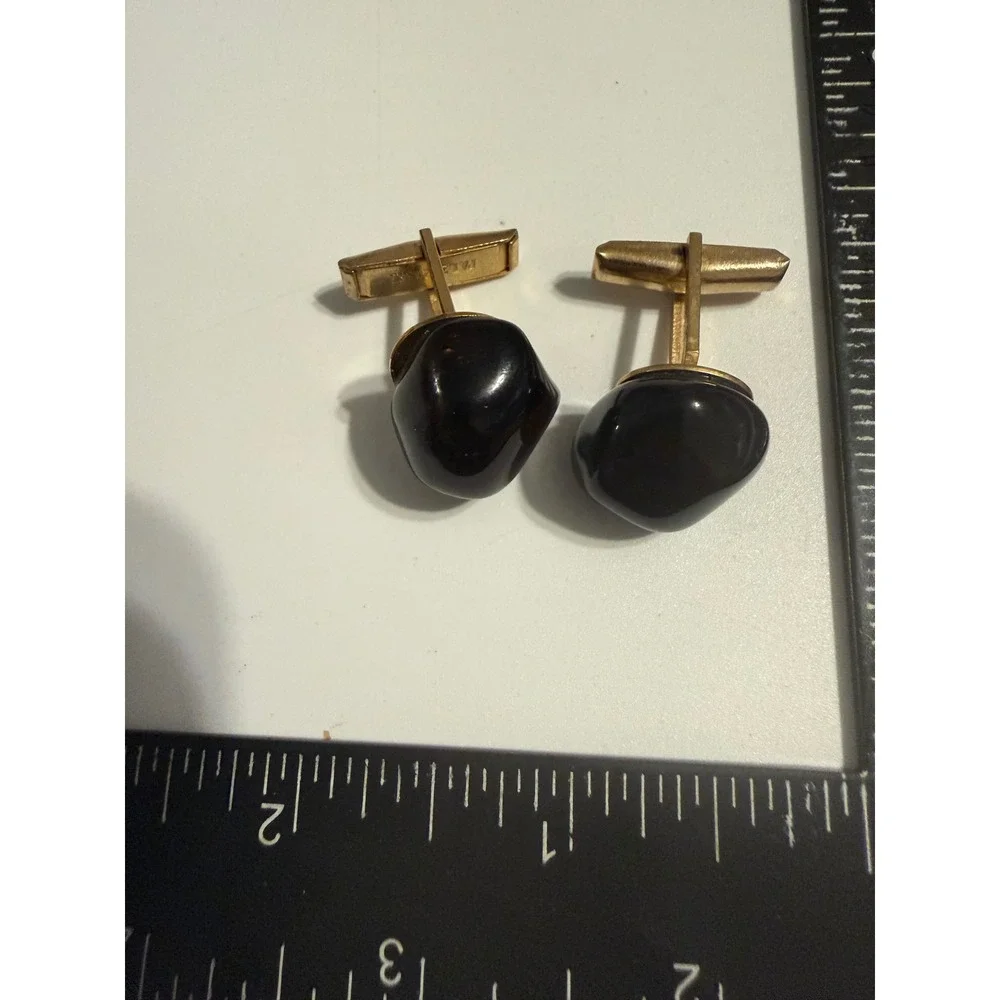 Vintage Gold Tone Black Stone‎ Nugget Cufflinks Mid Century Pat 2920365 Mens